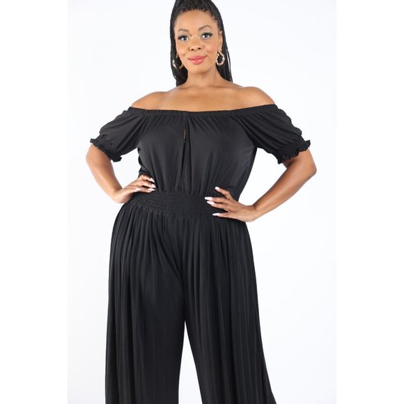 Women's Pleated off Shoulder Jumpsuit Plus Size 1X 2X 3X BLACK RED - Picture 11 of 11